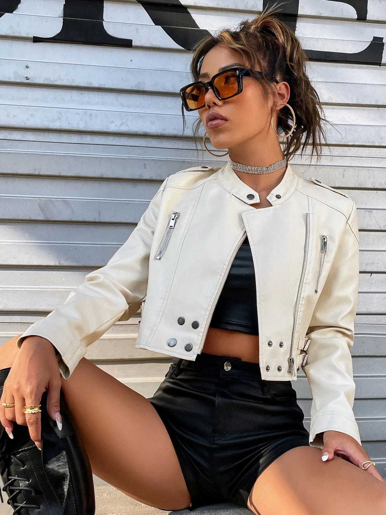 White / S Solid Crop Biker Outerwear - Women's PU Leather Moto Jacket with Buckled Strap and Zip Detail
