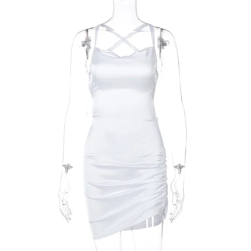 White / S Sultry Elegance: Dulzura Satin Mini Dress with Ruched Lace-Up Cross Bandage, Backless Bodycon