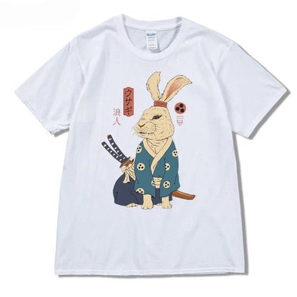 White / S Summer Loose Men/Women T Shirt Casual Short Sleeve ninja Rabbit Print Anime Tshirt Japanese Summer T-Shirt Tops Tee Swag Shirt