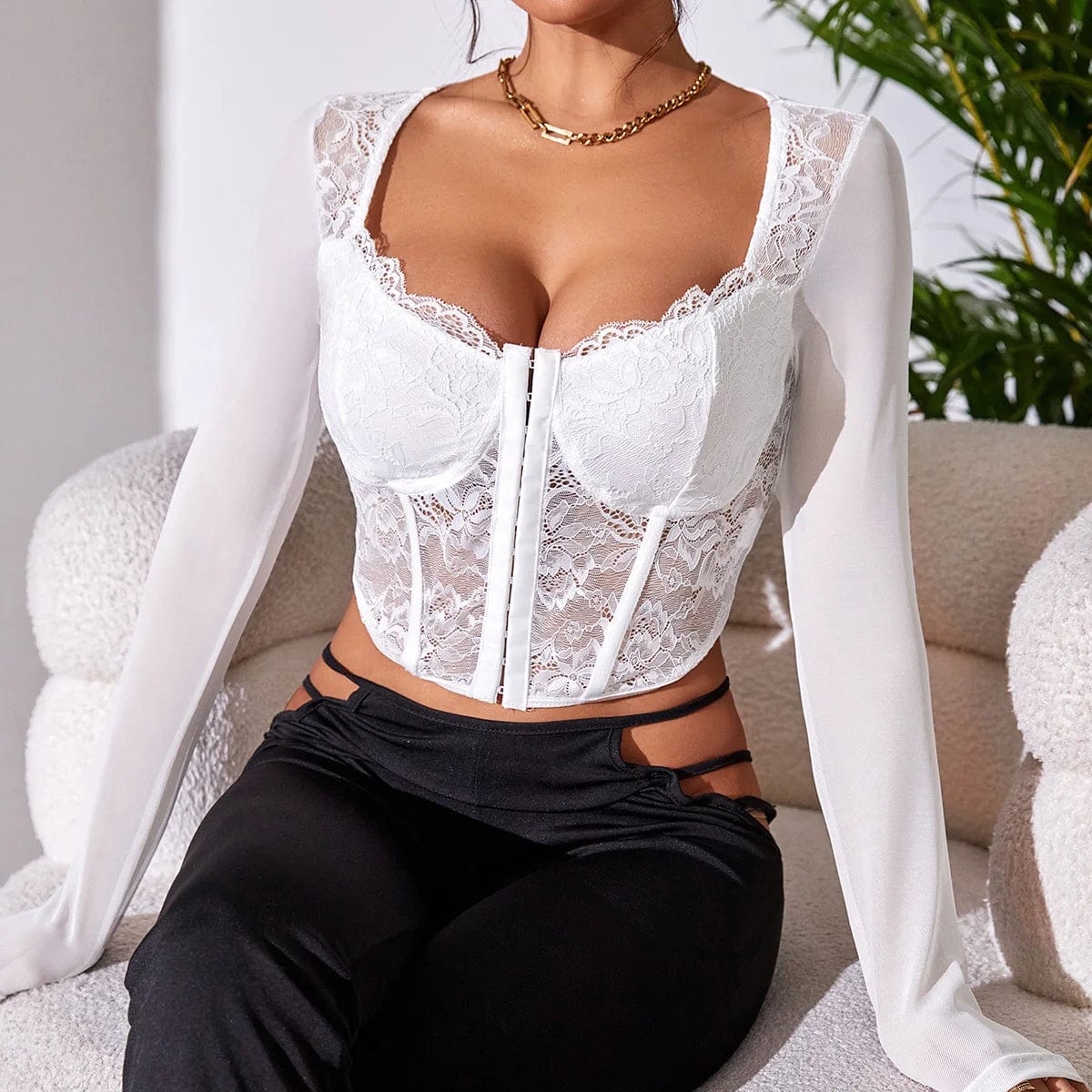White / S Vemina Selection of Autumn Backless Sexy Lace Long Sleeve Women Blouse,Black Embroidery Floral Bare Shoulder Bodycon Crop Top