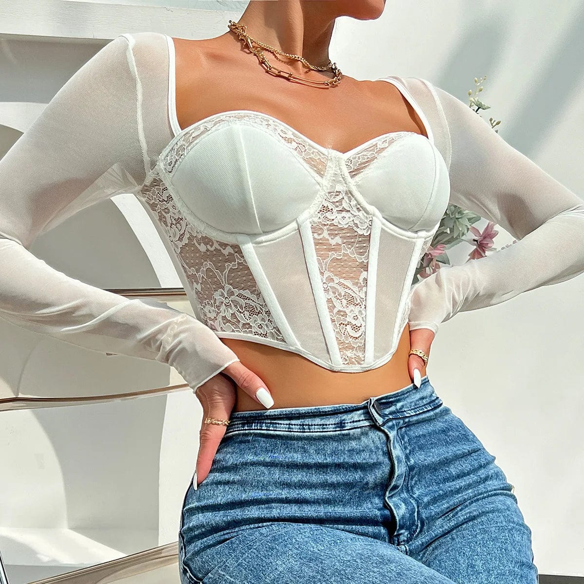 White / S Vemina Selection of Autumn Chic Sexy V Neck Long Sleeve Mesh Crop Top, Women Black Lace Embroidery Hollow Out Slim Blouses
