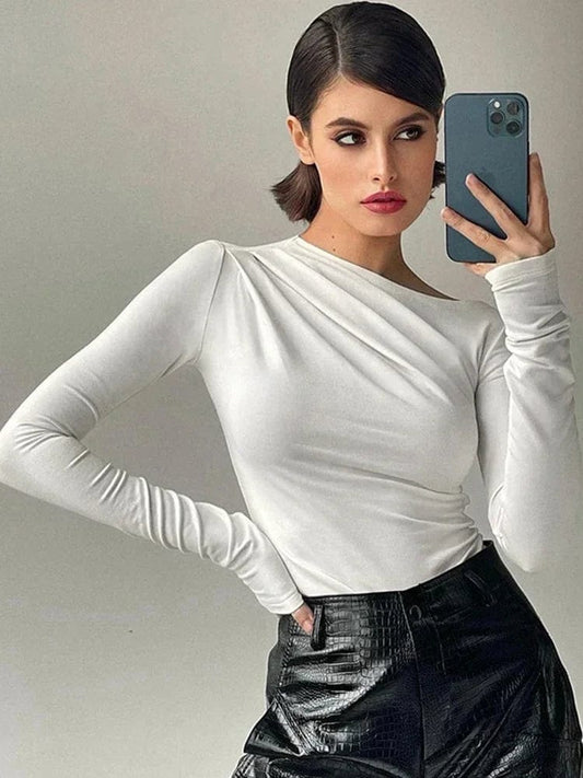 white / S White Top Sexy Skinny Ruched Spring Long Sleeve Black T-shirts Women Knitted Pullover Basic Tees Clothes Cropped Tops Streetwear
