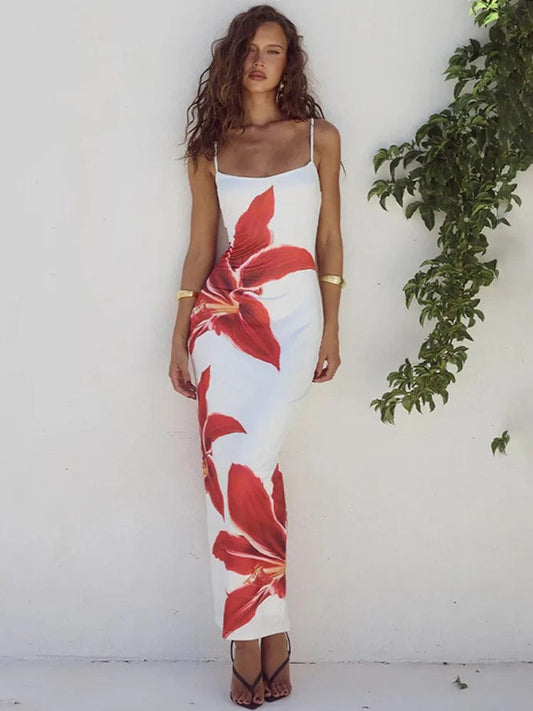 White / S Women's Floral Print Long Dress: Elegant Summer Gown, Spaghetti Strap, Sleeveless, Backless Bodycon Midi Dress