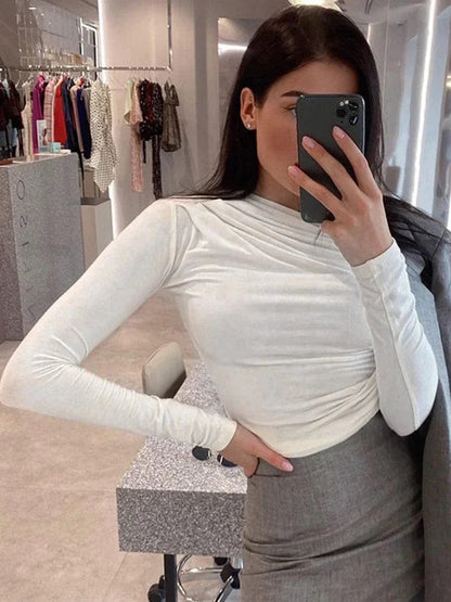 White Top Sexy Skinny Ruched Spring Long Sleeve Black T-shirts Women Knitted Pullover Basic Tees Clothes Cropped Tops Streetwear