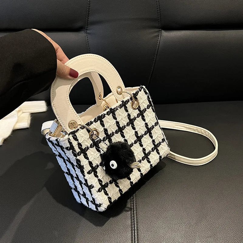 White with pendant / 15X19X9cm Luxury Mini Square Vintage Plaid Woollen Clutch Cross Shoulder Handbag Purse