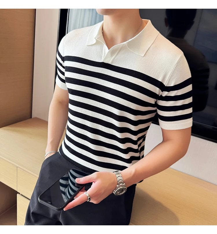 White / XS British Men's Slim Fit Polo T-shirt with Contrasting Stripes - Summer Knit Casual Lapel Style