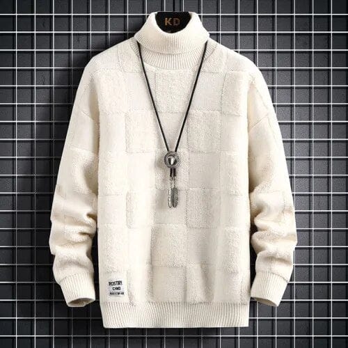 White / XS Deep Focus Sweater - Elevate Your Style: High Neck Thickened Warm Sweater Loose Check Knitted Pullover