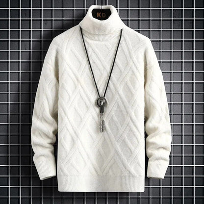 White / XS Diamond Turtleneck Sweater - Knit Pullovers Autumn Winter Slim Fit Solid Colour Diamond Stripes