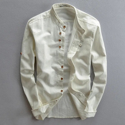 white / XS Japanese-Inspired Cotton Linen Shirt for Men: Effortlessly Stylish, Slim Fit, and Casual Elegance with Stand Collar and Single-Breasted Design.
