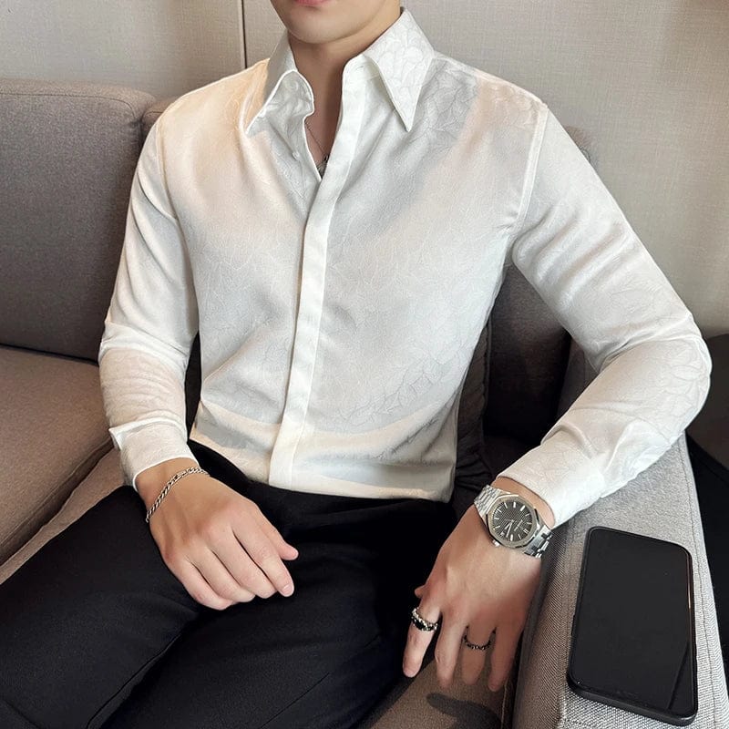 White / XS Men's Luxury Jacquard Slim Fit Long Sleeve Shirt – High-Quality Hidden Button Formal Business & Party Wear