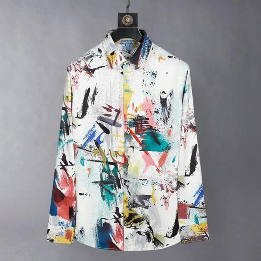 White / XS Men's Luxury Silk Shirt: Fashion Graffiti Print, Long Sleeve, Slim Fit, Non-Iron, Casual Streetwear, Nightclub Stage Shirt