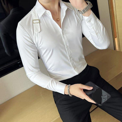 White / XS Men's Slim Fit Long Sleeve Shirt with Strap Detail – Casual Dress Shirt for Stylish Looks