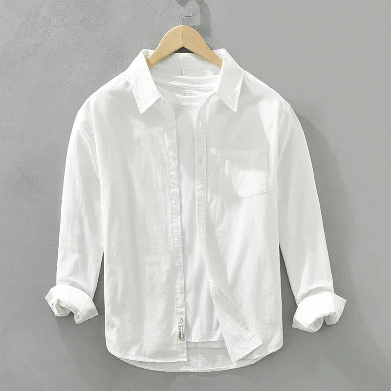 White / XL Men's Solid Pure Cotton Long Sleeve Shirt | Turn-Down Collar Casual Shirt