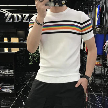 White / XS Men's Stretch Knit Patchwork Striped T-Shirt – Casual Short Sleeve O-Neck Streetwear Top