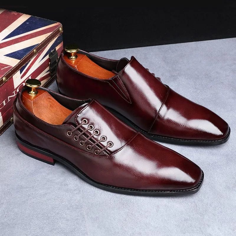Wine Red / 37 (US 5.5) / CHINA Men's Casual Business Shoes Microfiber Leather Square Toe Lace-up Mens Dress Office Flats Men Fashion Wedding Party Oxfords
