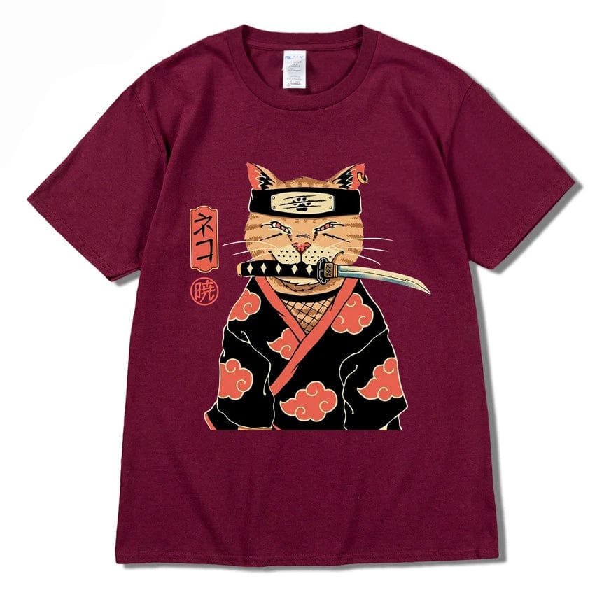 Wine Red / S Hip Hop Streetwear Japanese Kanji Harajuku Funny Warrior Cat T-Shirt Summer Short Sleeve Tops Tees Cotton Print Loose Tshirt