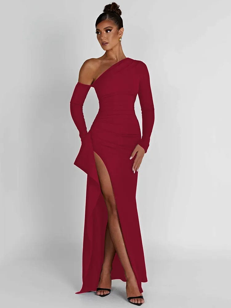 Wine Red / S Mozision Oblique Shoulder Thigh High Split Maxi Dress Women Long Sleeve Backless Bodycon Sexy Club Party Long Dress Vestidos