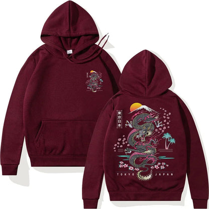 Wine Red / XS Japanese Dragon Anime Hoodie Casual Oversized Loose Hip Hop Harajuku Pullover Streetwear Hoody