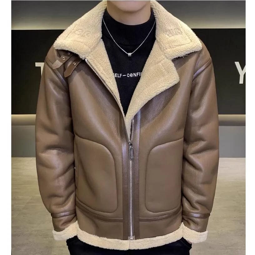 Winter New Men's Leather Jacket Men's Plush Thickened Lamb Fleece Collar Casual Jacket Large Design Feel Leather Coat Men Jacket