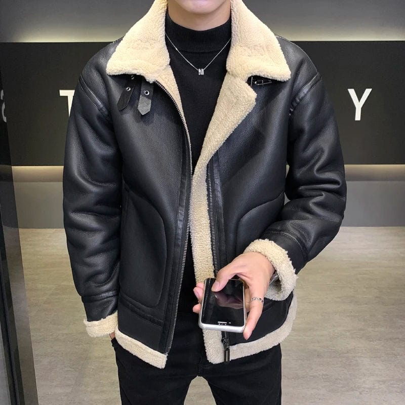 Winter New Men's Leather Jacket Men's Plush Thickened Lamb Fleece Collar Casual Jacket Large Design Feel Leather Coat Men Jacket