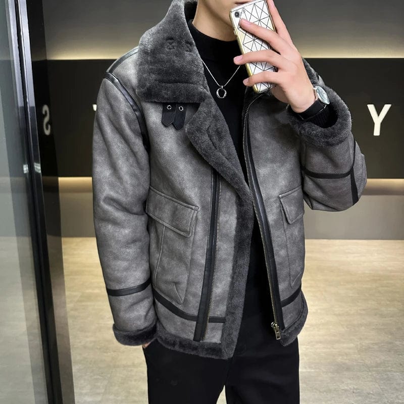 Winter New Thick Men Leather Jacket Brown Black Fashion Faux Fur Collar Fleece Windproof Warm Coat Motorcycle Jacket Men Outwear