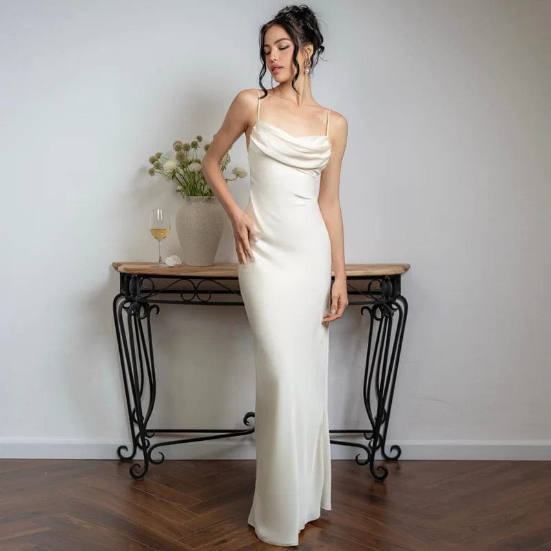 Women's Elegant White Satin V-Neck Prom Dress – Sexy Spaghetti Straps, Backless Long Evening Party Gown