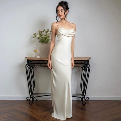 Women's Elegant White Satin V-Neck Prom Dress – Sexy Spaghetti Straps, Backless Long Evening Party Gown