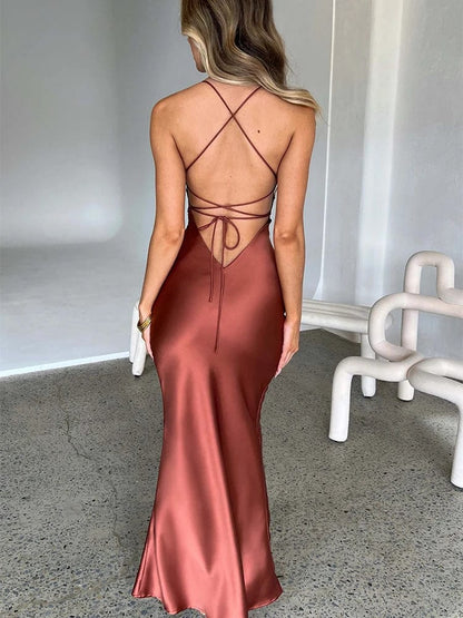 Women's Satin Backless Lace-Up Mermaid Slip Dress: Sexy Sweetheart Neck Slim Bodycon Elegant Silk Gown for Parties