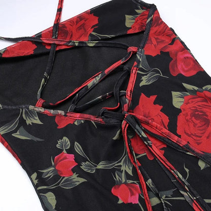 Women's Sexy Style Flower Print Suspender Mesh Strap Neck Bandage Dress Long Skirt JY23321SK