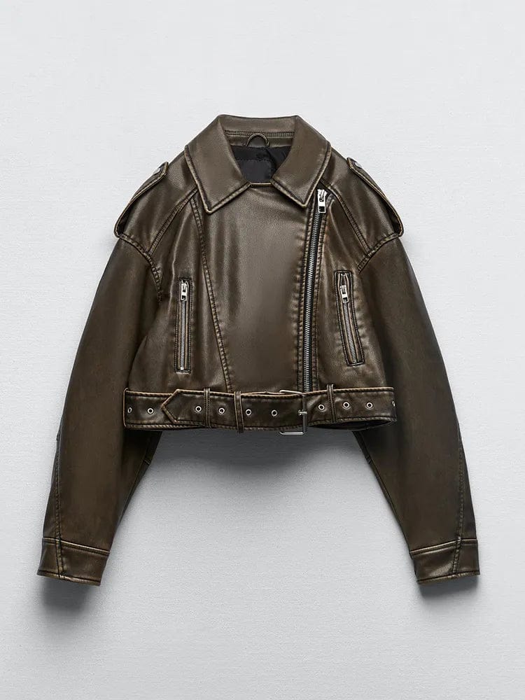Women's Vintage Leather Short Jacket with Zipper and Belt Streetwear Biker Coat