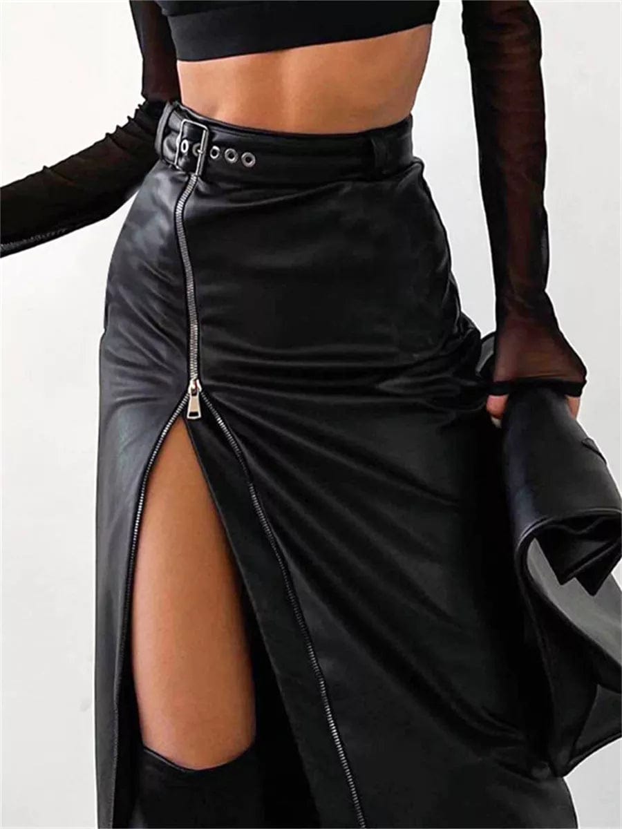 wsevypo Black PU Leather High Waist Pencil Skirts Vintage Grunge Women Streetwear Zipper High Split Bodycon Midi Skirt with Belt