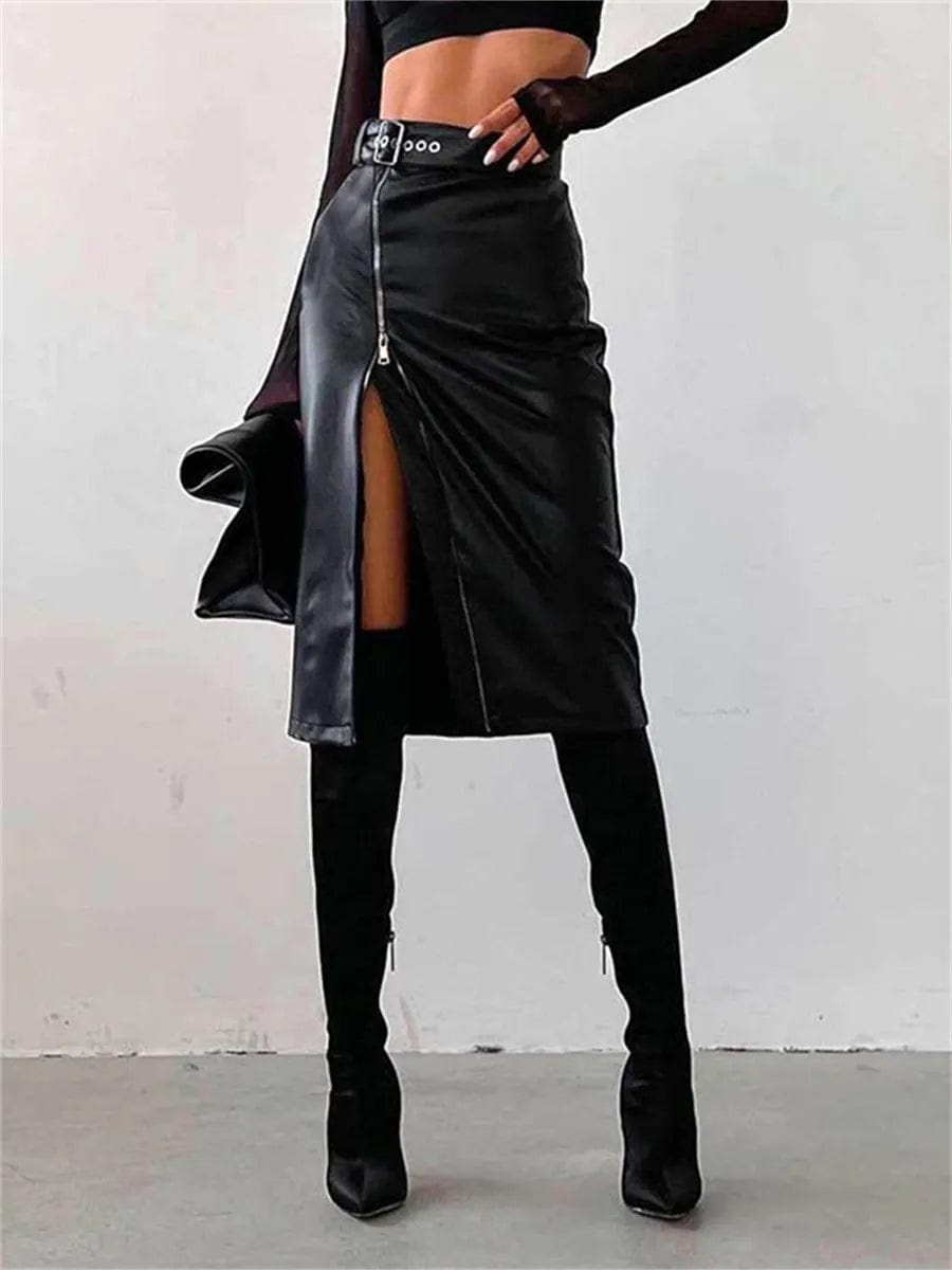 wsevypo Black PU Leather High Waist Pencil Skirts Vintage Grunge Women Streetwear Zipper High Split Bodycon Midi Skirt with Belt