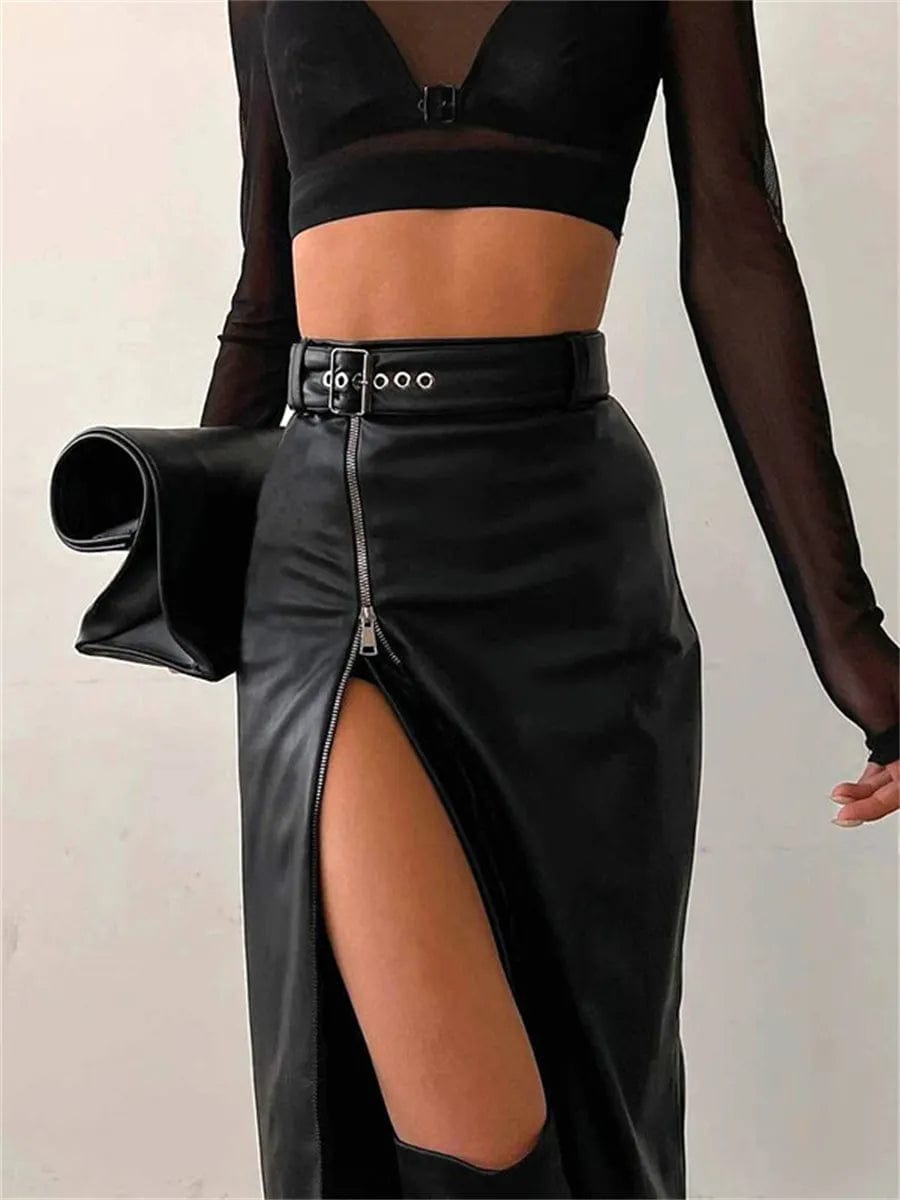 wsevypo Black PU Leather High Waist Pencil Skirts Vintage Grunge Women Streetwear Zipper High Split Bodycon Midi Skirt with Belt