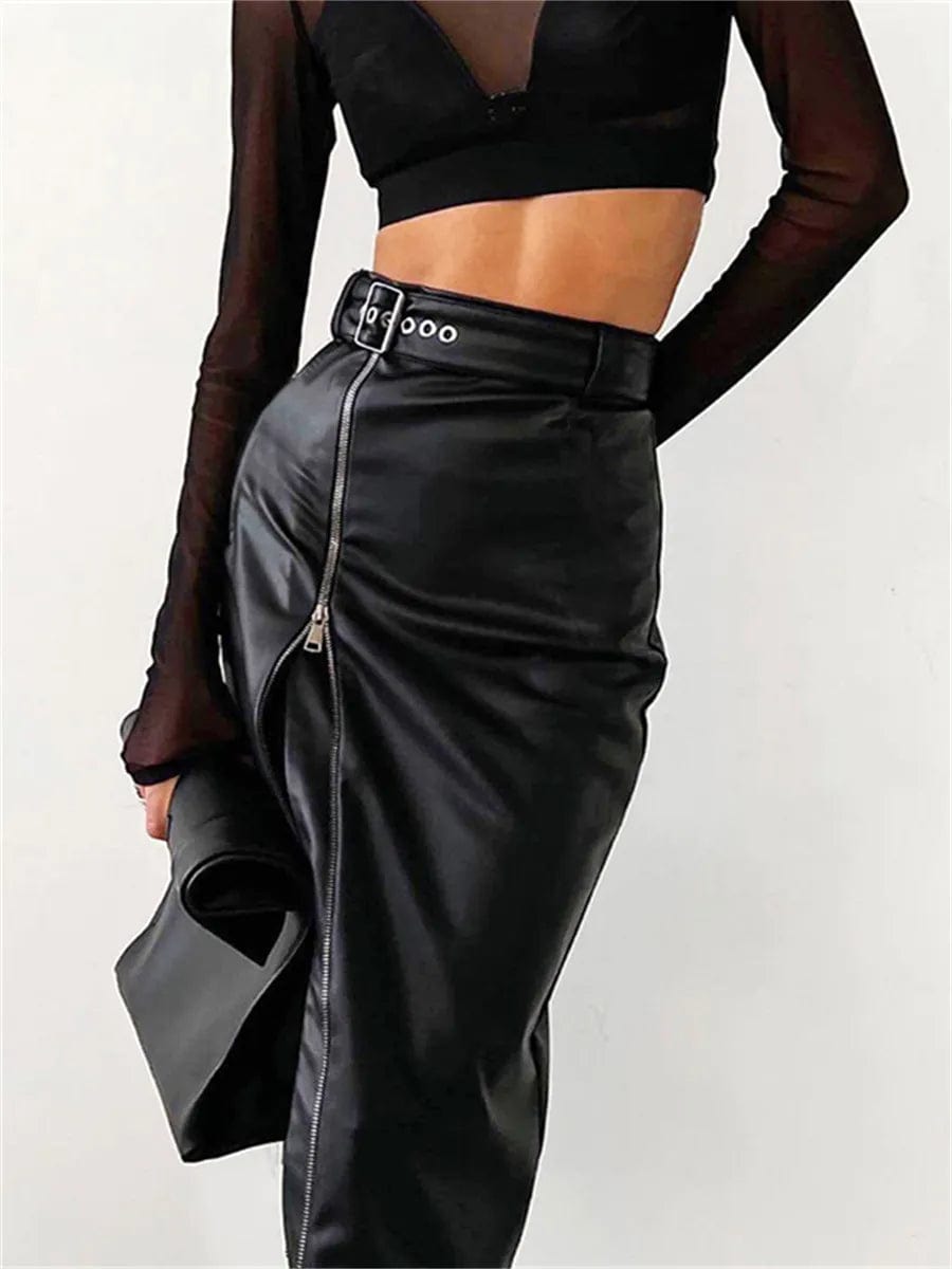 wsevypo Black PU Leather High Waist Pencil Skirts Vintage Grunge Women Streetwear Zipper High Split Bodycon Midi Skirt with Belt