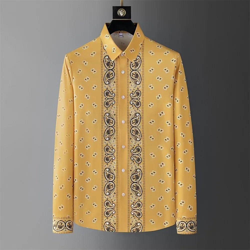 Yellow / 5XL Brand Luxury Printed Shirt Men Retro Long Sleeved Casual Shirts Slim Business Social Party Dress Shirts Streetwear Men Clothing