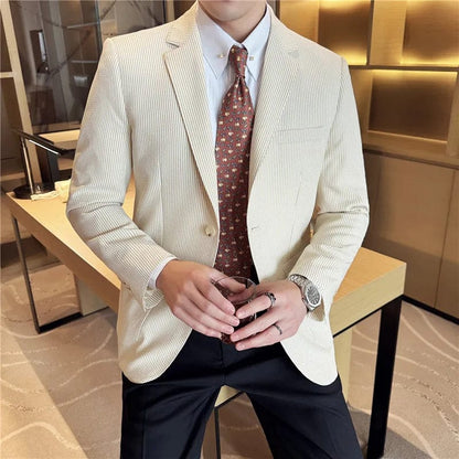 Yellow / Asia M 50-57KG Brand Seersucker Blazers Men Fashion Striped Casual Business Suit Jacket Men Clothing Wedding Groom Social Dress Coats M-4XL