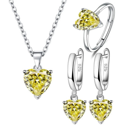 Yellow Elegant 925 Sterling Silver Jewelry Sets For Women Heart Zircon Ring Earrings Necklace