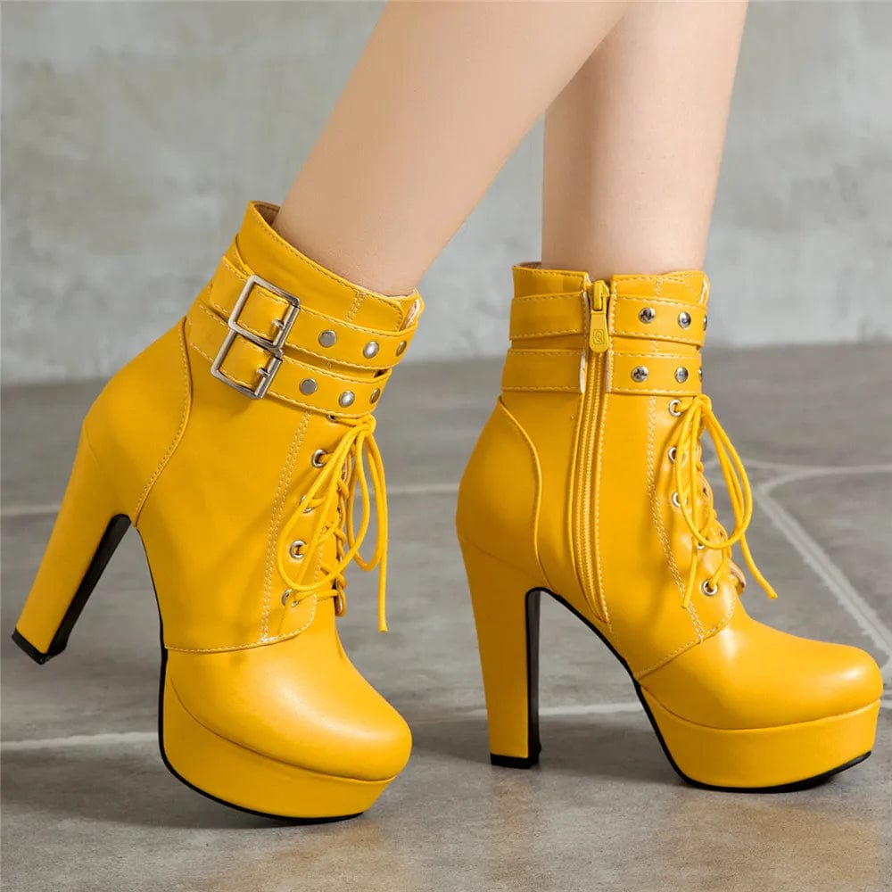 Women s Luxury Lace Up Ankle Boots Platform High Heels with Buckle Sexy Short Boots Yellow EU 41 UK 8 US 10