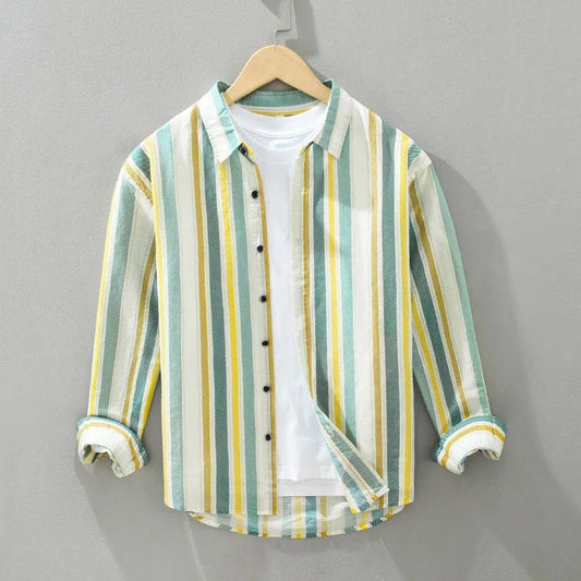 Yellow Green Stripes / S Men's Striped Long Sleeve Shirt – Breathable Cotton Linen Casual Shirt for Spring & Summer Outdoor Wear