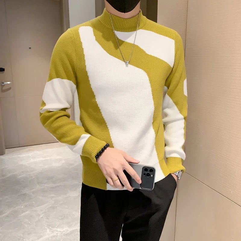 Yellow / M 2023 Autumn/Winter Colored Half Turtleneck Sweater Men Long Sleeve Slim Fit Casual Pullover Social Underlying Knitwear Tops