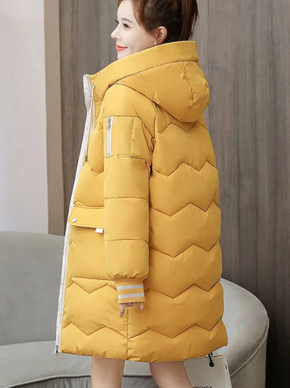 Yellow / S 2023 Winter Women Jacket Coats Long Parkas Female Down Cotton Hooded Overcoat Thick Warm Jackets Windproof Casual Student Coat