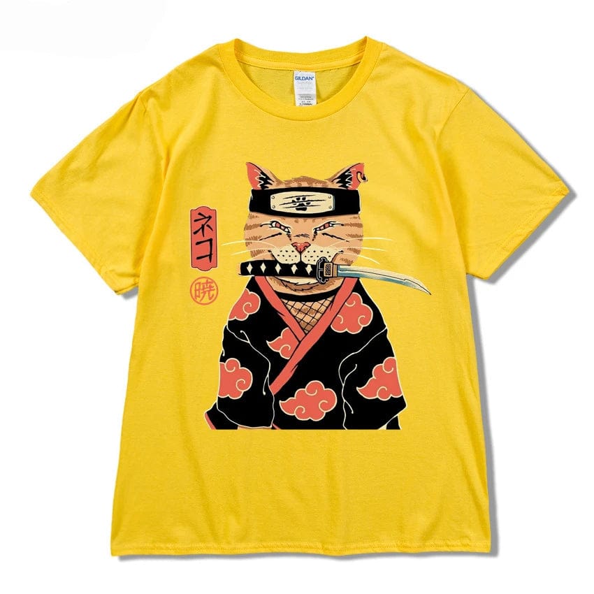 Yellow / S Hip Hop Streetwear Japanese Kanji Harajuku Funny Warrior Cat T-Shirt Summer Short Sleeve Tops Tees Cotton Print Loose Tshirt
