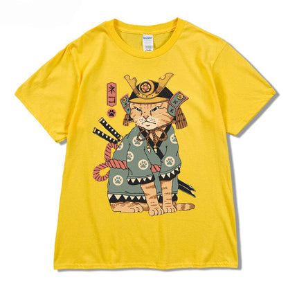 Yellow / S Men Hip Hop T Shirt Streetwear Japanese Kanji Harajuku Funny Warrior Cat T-Shirt Summer Short Sleeve Tee Cotton Print Swag shirt