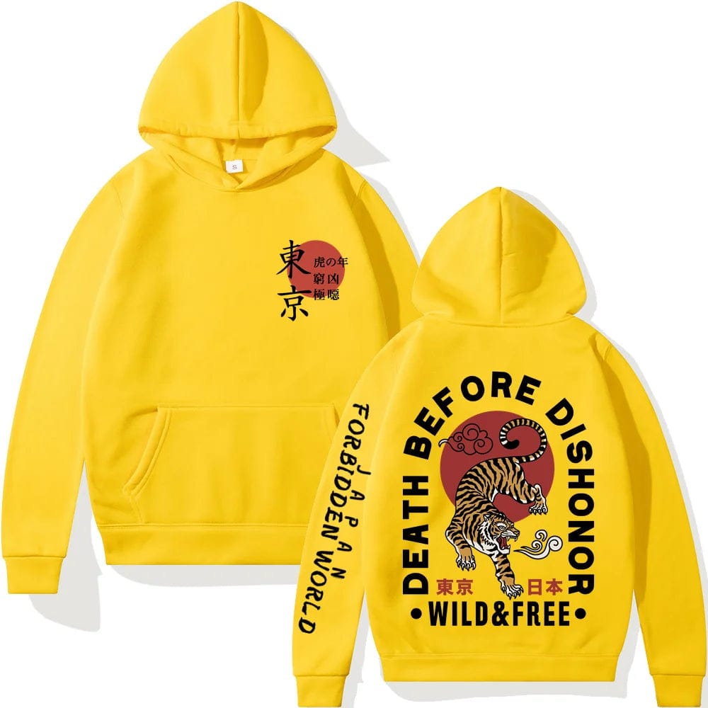 Yellow / X SMAL Japanese Tiger Tokyo Hoodie Hip Hop Sweatshirts Harajuku Long Sleeve Pullover Loose Streetwear