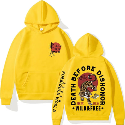 Yellow / X SMAL Japanese Tiger Tokyo Hoodie Hip Hop Sweatshirts Harajuku Long Sleeve Pullover Loose Streetwear