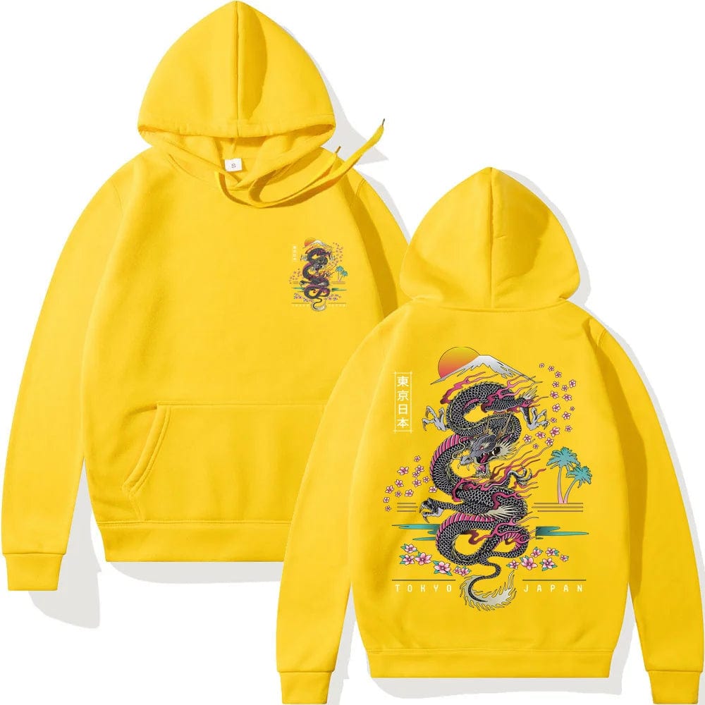 Yellow / XS Japanese Dragon Anime Hoodie Casual Oversized Loose Hip Hop Harajuku Pullover Streetwear Hoody