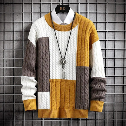 Yellow / XS Tokyo Harajuku Sweater - Elevate Your Style: Colour-Blocked O-Collar Warm Sweater - Long Sleeve Loose Knit Pullover