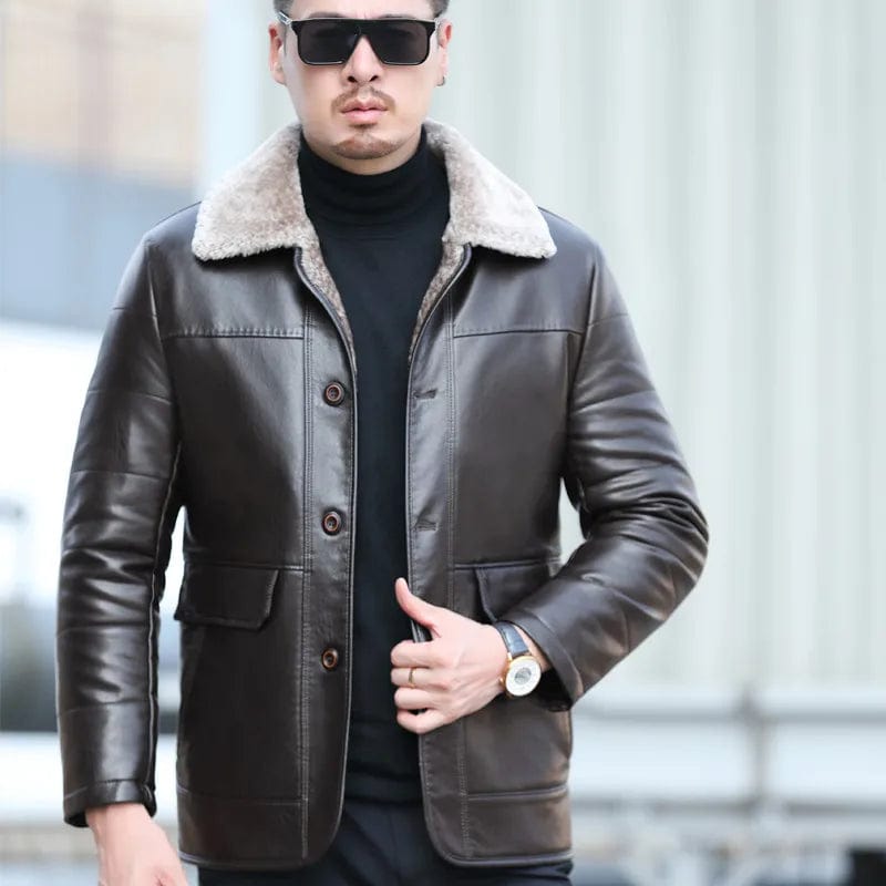 YXL-838 Natural Leather Men's Autumn and Winter Sheepskin Casual Lapel Mid Length Business Leather Down Jacket Plus Size