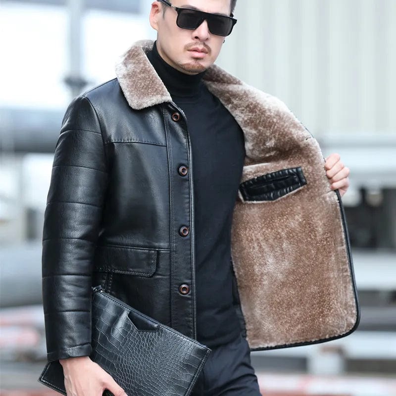 Natural Leather Men s Sheepskin Casual Lapel Mid Length Down Jacket Zebuci